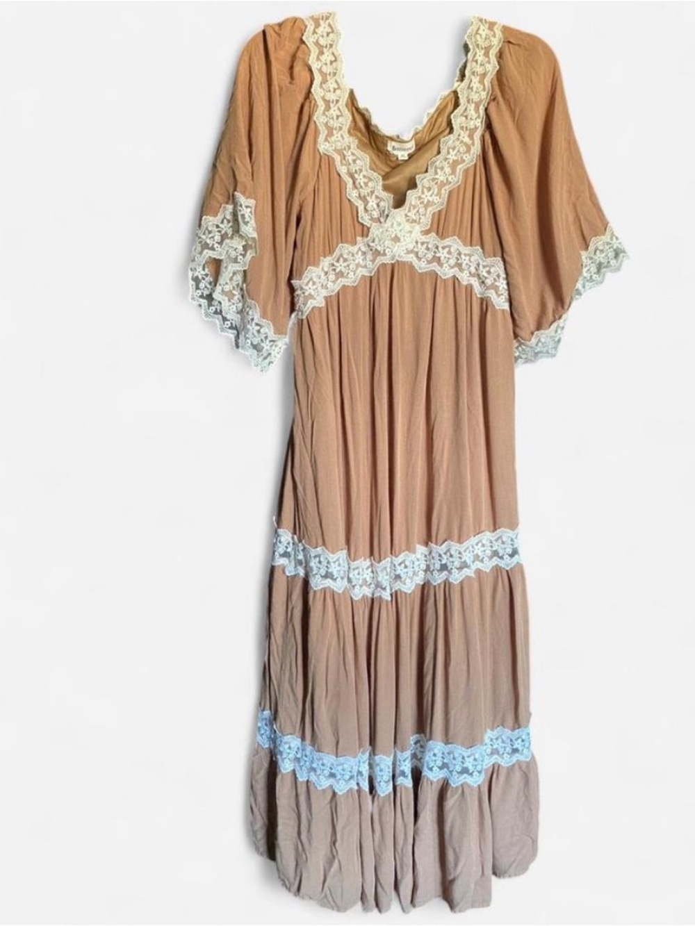 &Merci Tan Boho Lace Trim Tiered Midi Dress Soft Flowy Medium
